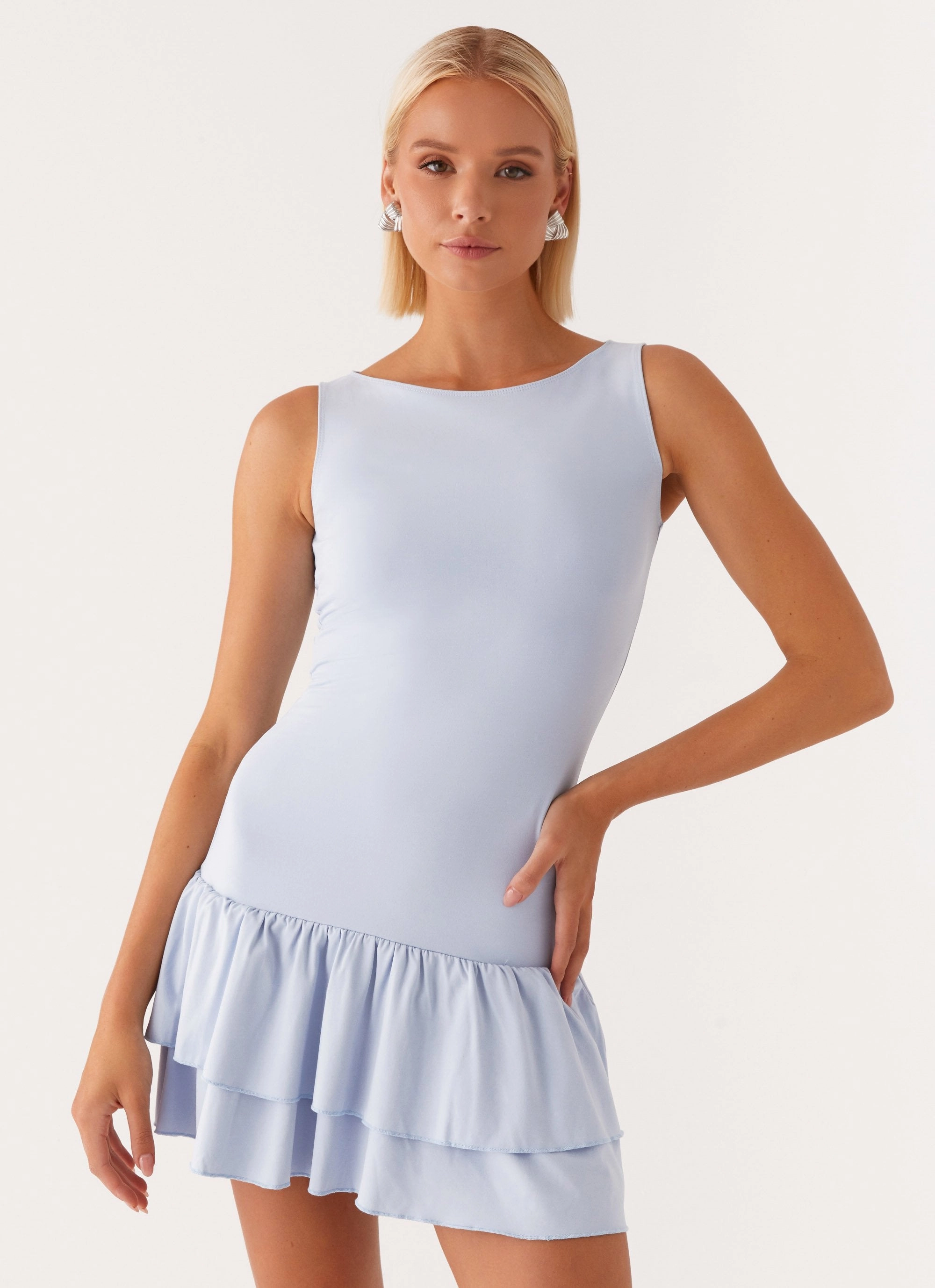 Fashionable Comfort Wear Maternity-Fit Rhiannon Frill Mini Dress - Blue