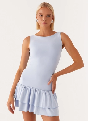 Fashionable Comfort Wear Maternity-Fit Rhiannon Frill Mini Dress - Blue
