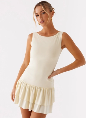 Rhiannon Frill Mini Dress - Yellow Sleek Motion Luxury Feel