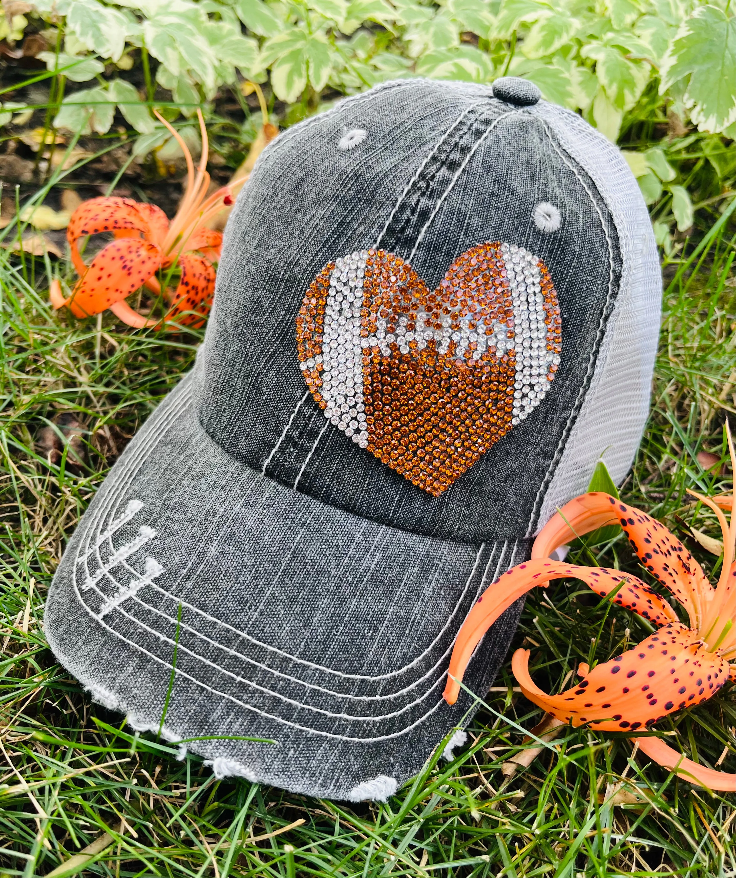 Rhinestone sports hats Football Baseball Basketball BLING rhinestones Gray distressed trucker hat Heart Game day Sports