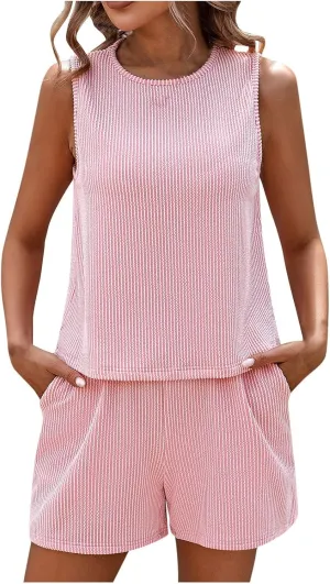 Ribbed Knit Lounge Sets for Women 2 Piece Outfits Sleeveless Tank Top and Shorts Pajama Sets Tracksuit Sweatsuits