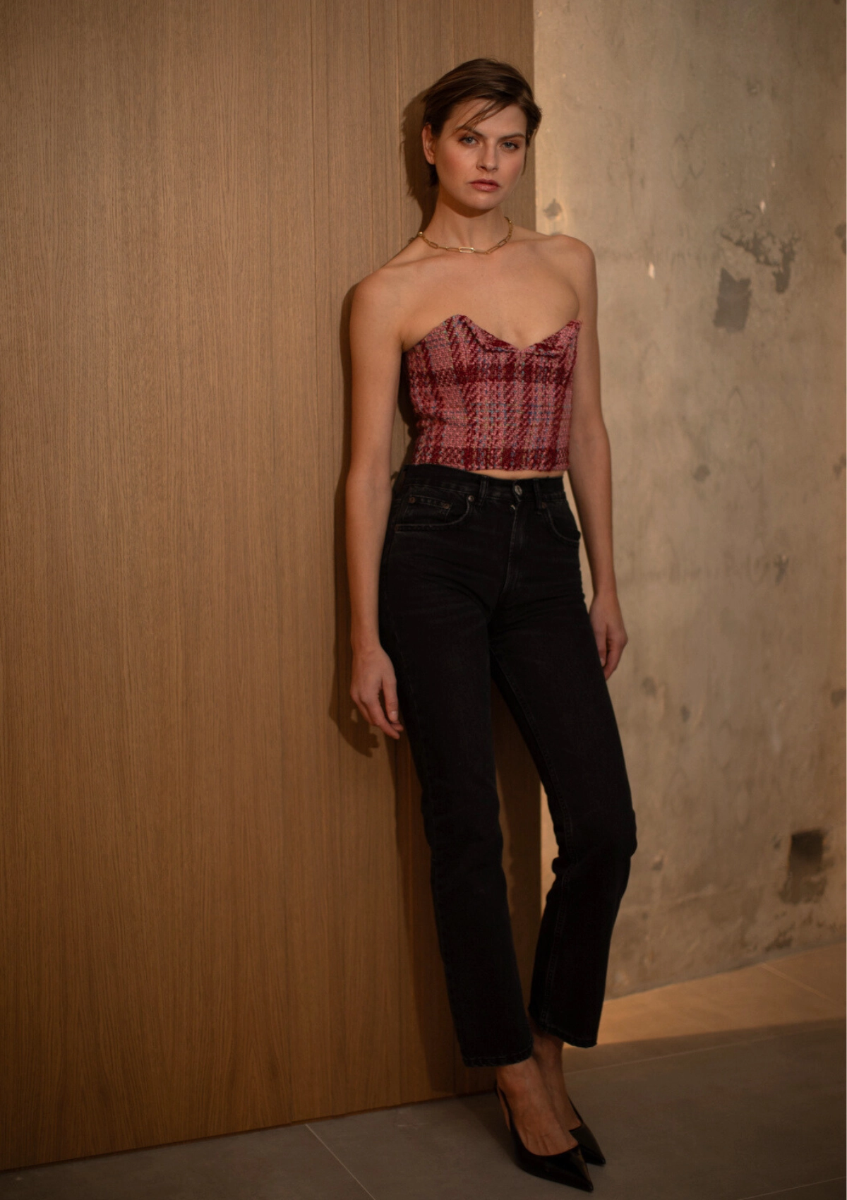 AbrasionResistantEdging Taped Neckline Enelda Tweed Top - Pink