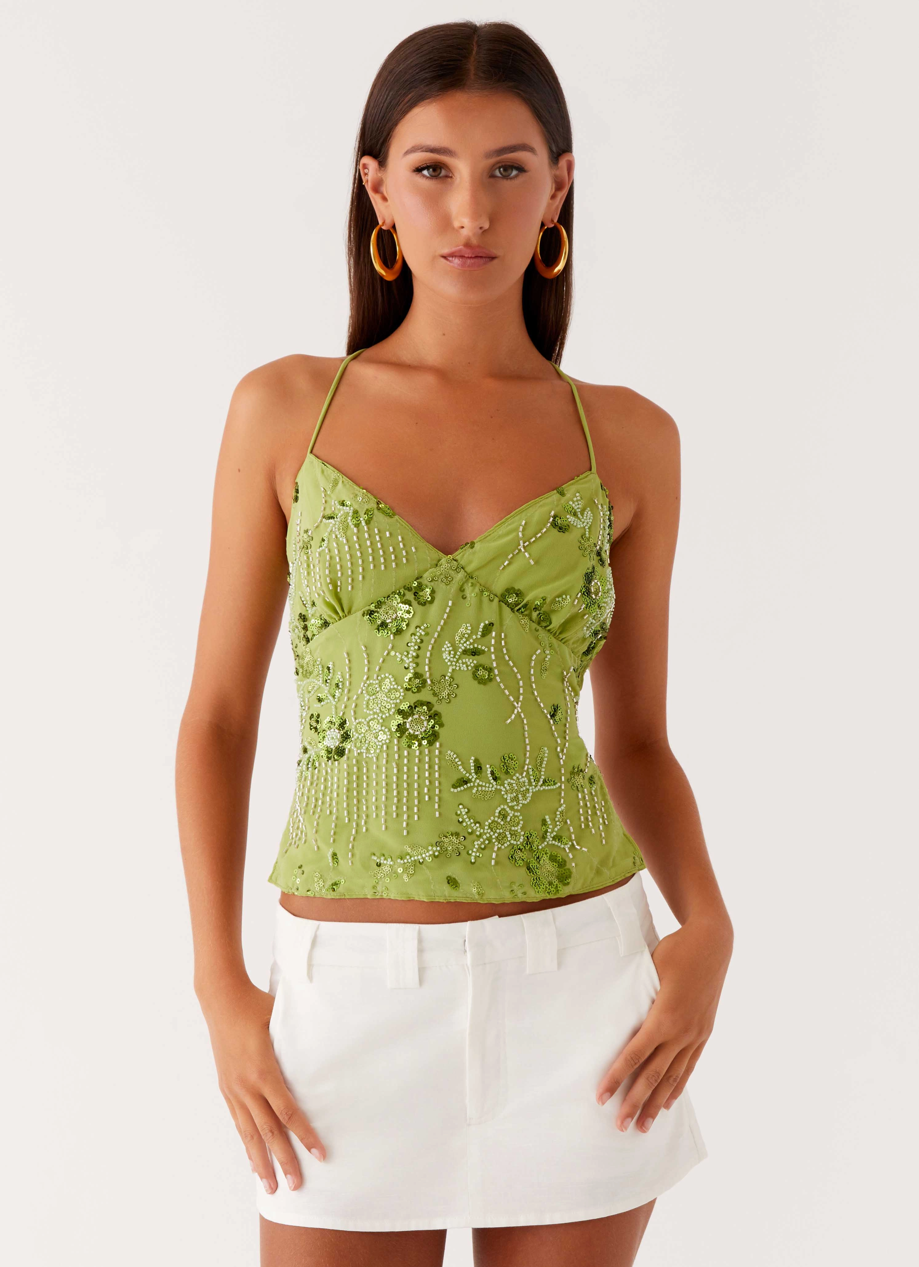 Kamilla Sequin Cami Top - Lime HeatPressedLogos BlendMaterials