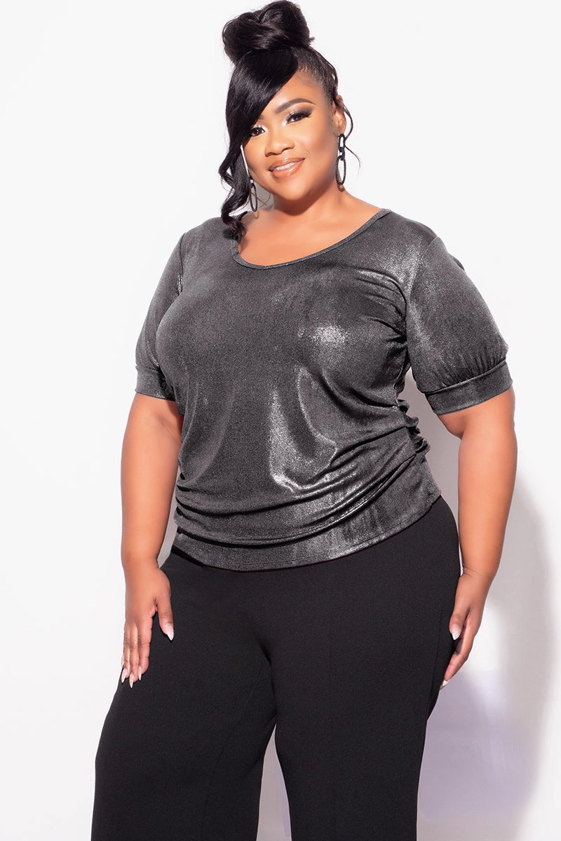 Final Sale Plus Size Top in Metallic Grey ElasticTrimming AdjustableCuffSystem