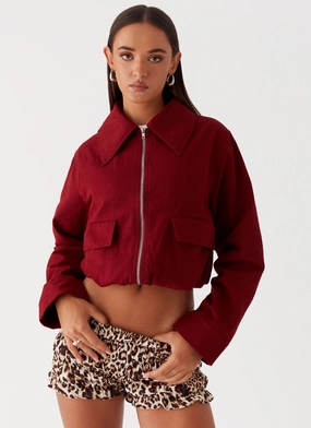 Right Direction Oversized Bomber Jacket - Deep Red Sporty Fit