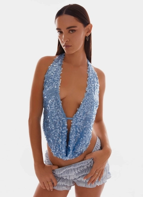 WeightedHem Rio Dreams Cowl Neck Halter Top - Blue