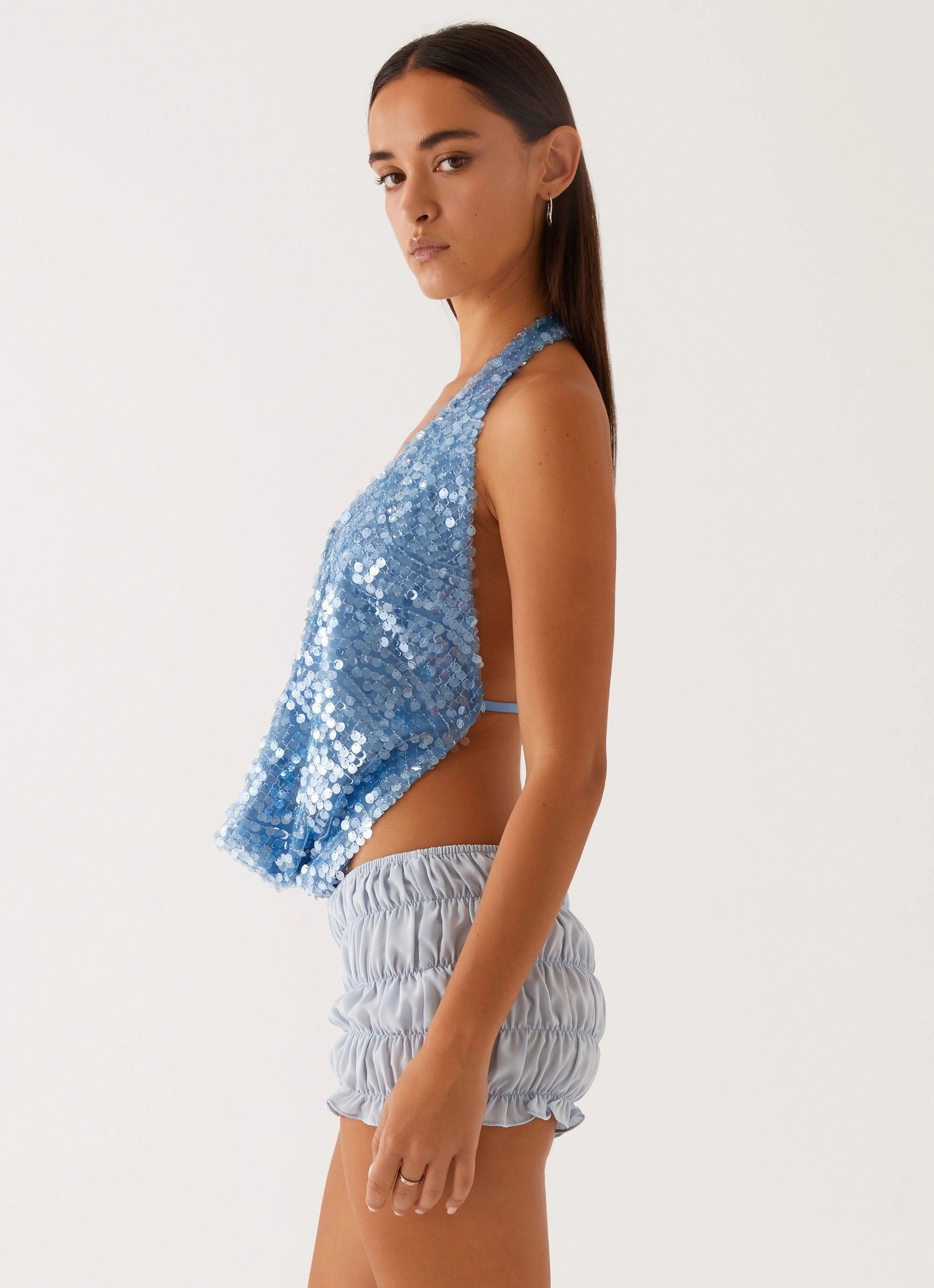 Rio Dreams Cowl Neck Halter Top - Blue Active Design