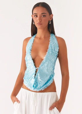 Rio Dreams Cowl Neck Halter Top - Turquoise Antibacterial Fabric