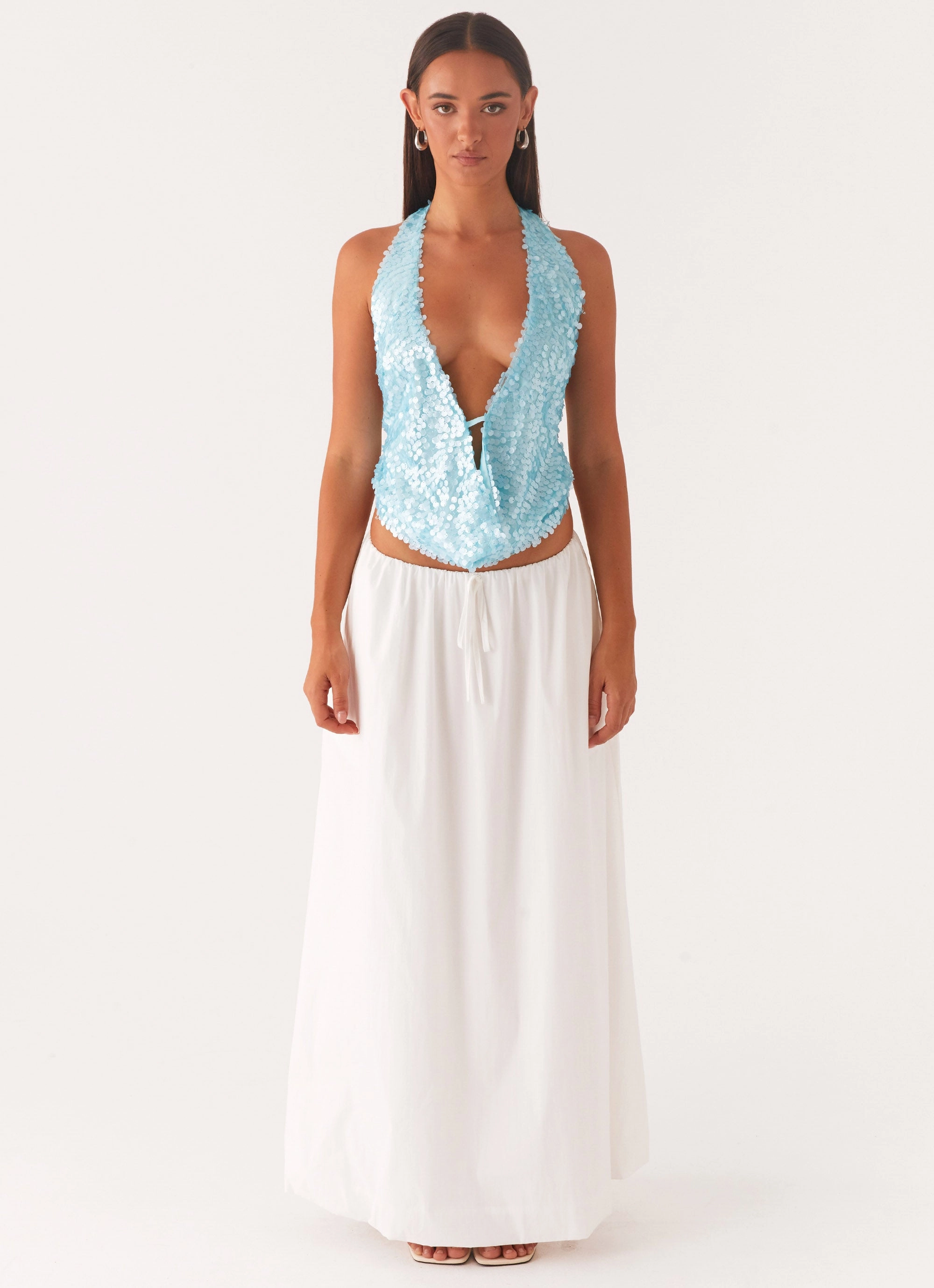 Ribbed Trims Rio Dreams Cowl Neck Halter Top - Turquoise
