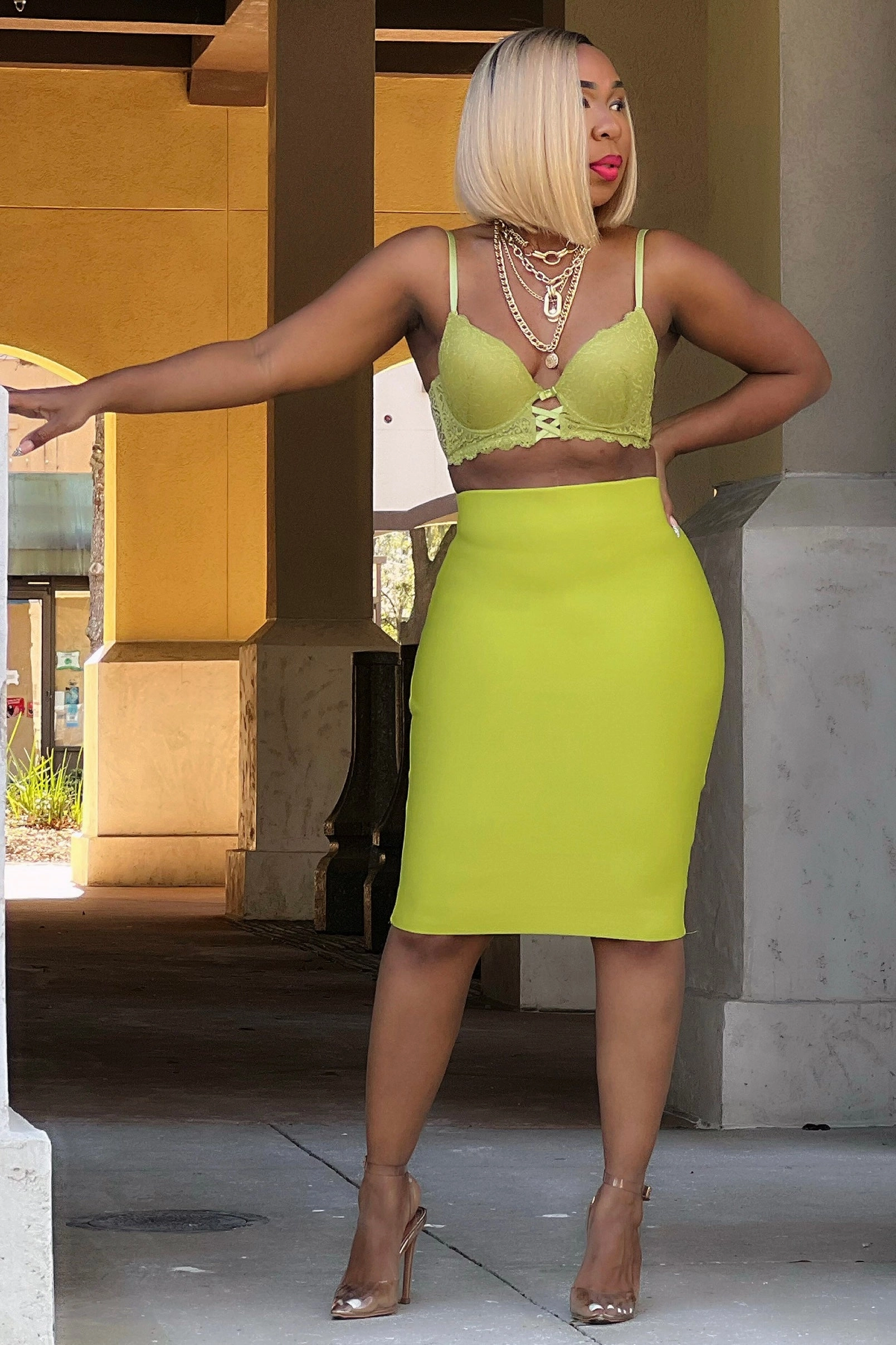 Robin Bandage Knit Pencil Skirt-Chartreuse EcoFriendlyMaterials