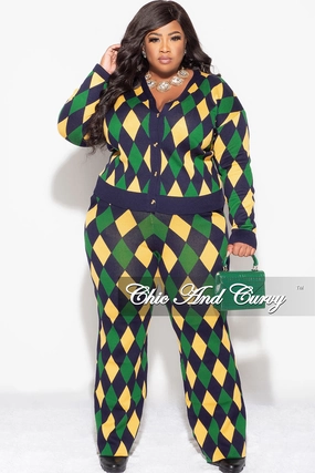 Final Sale Plus Size 2pc Button Up Sweater and Pant Set In Green and Yellow Diamond Print Stretch Ready Cozy And Stylish