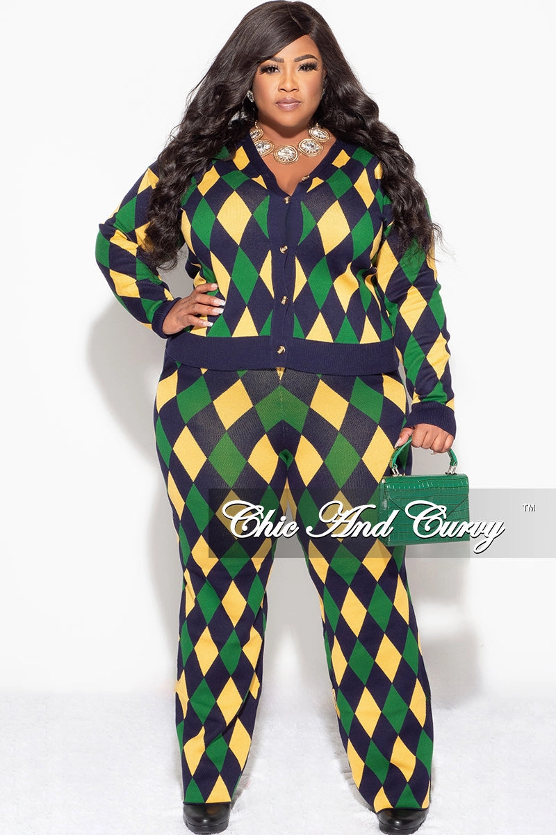 Soft Finish Final Sale Plus Size 2pc Button Up Sweater and Pant Set In Green and Yellow Diamond Print