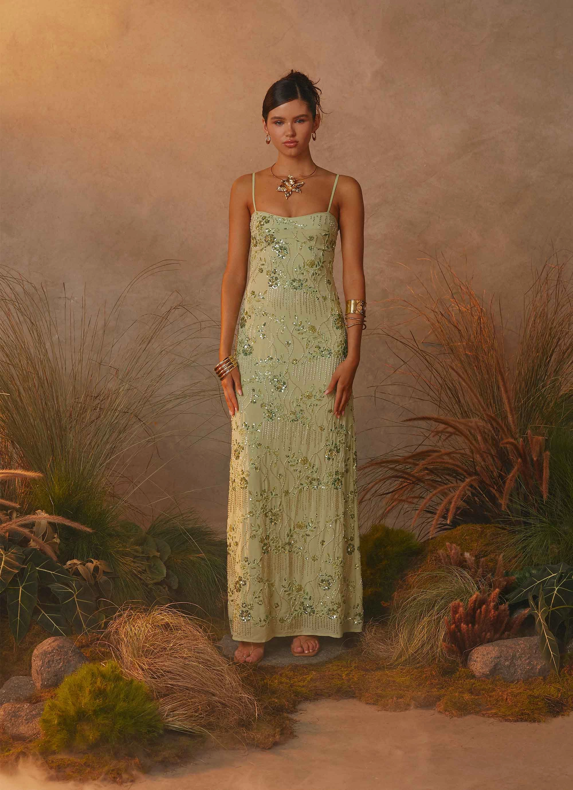 Chic Balance Celandine Beaded Maxi Dress - Lime