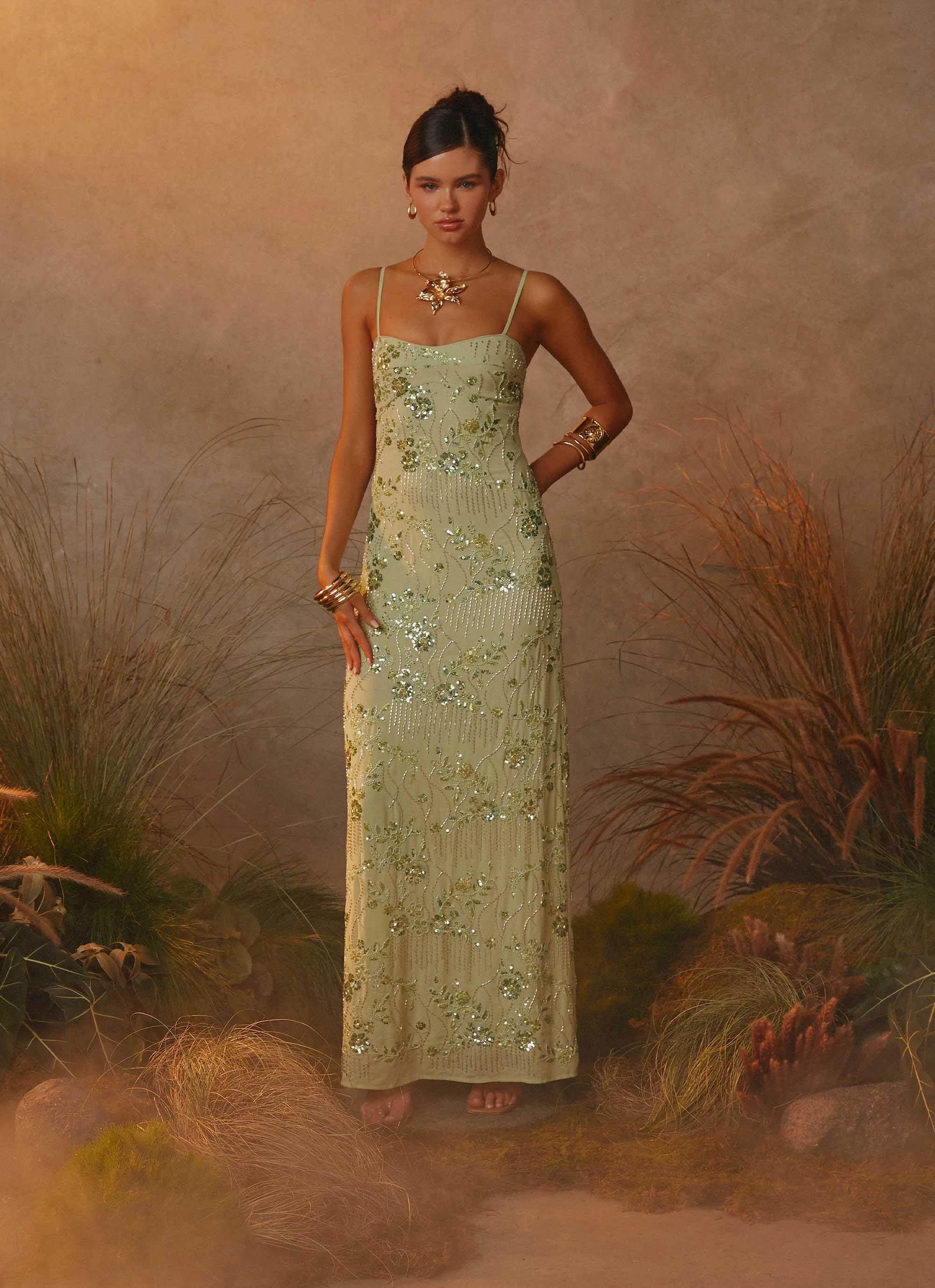 Trend Texture Celandine Beaded Maxi Dress - Lime