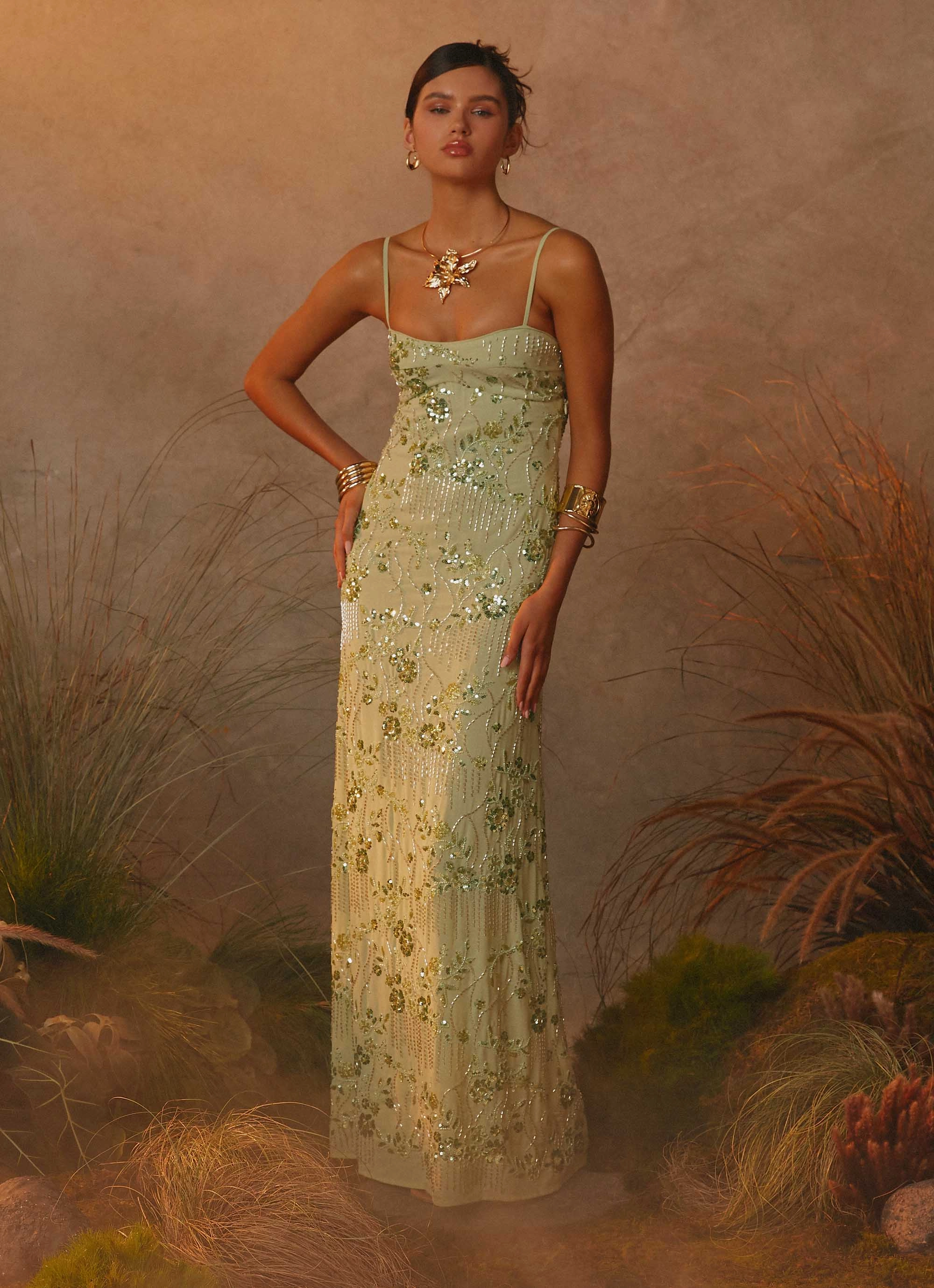 Celandine Beaded Maxi Dress - Lime wrap waist Shared Moment