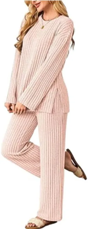 RONGTAI Oversized Ribbed Knit Lounge Set Crew Neck Top & Wide Leg Pants for Cozy Home/Wear for Women
