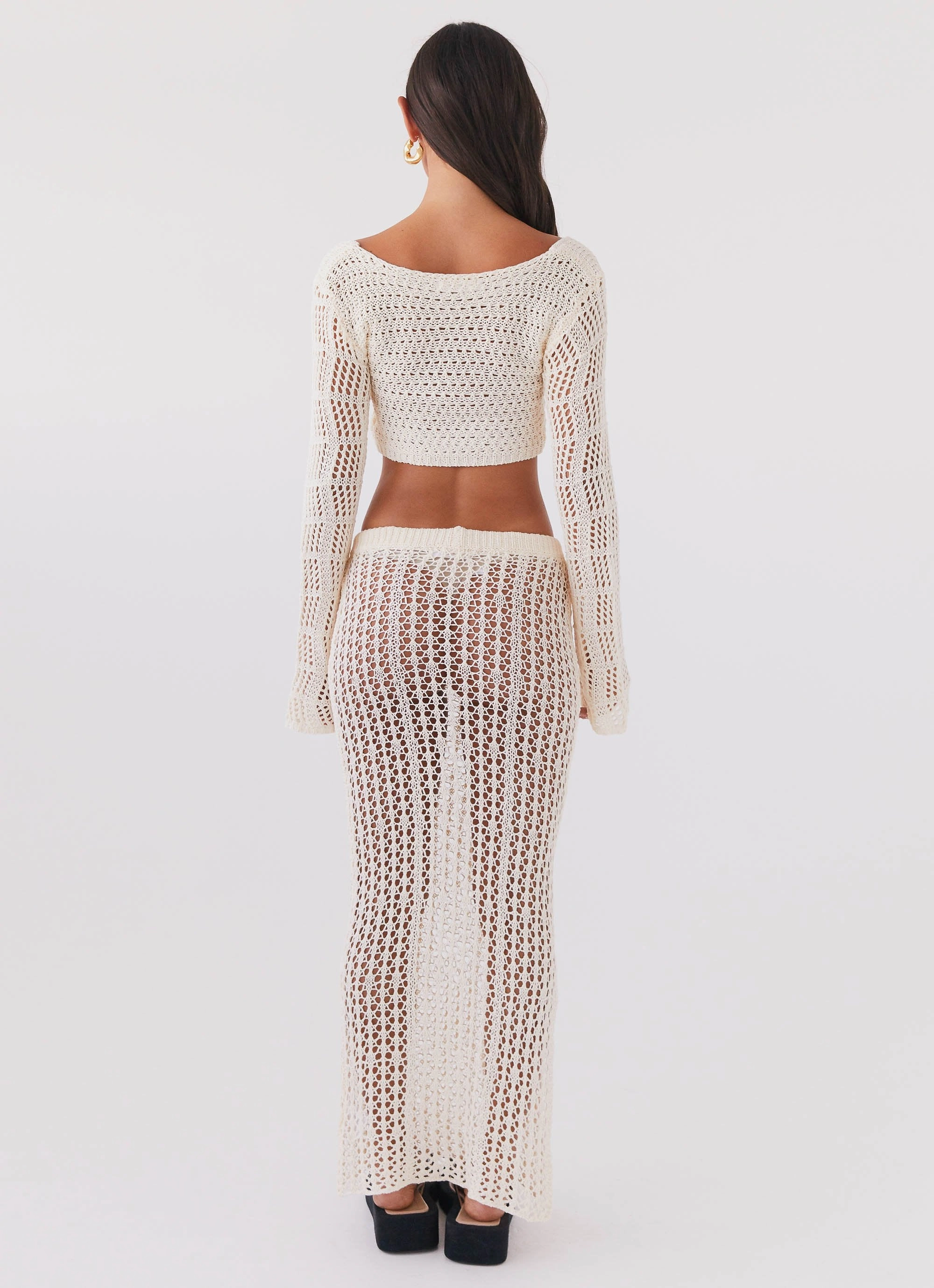 Rosalina Crochet Maxi Skirt - Natural Seamless Knit Cuffs Commuter Friendly Look