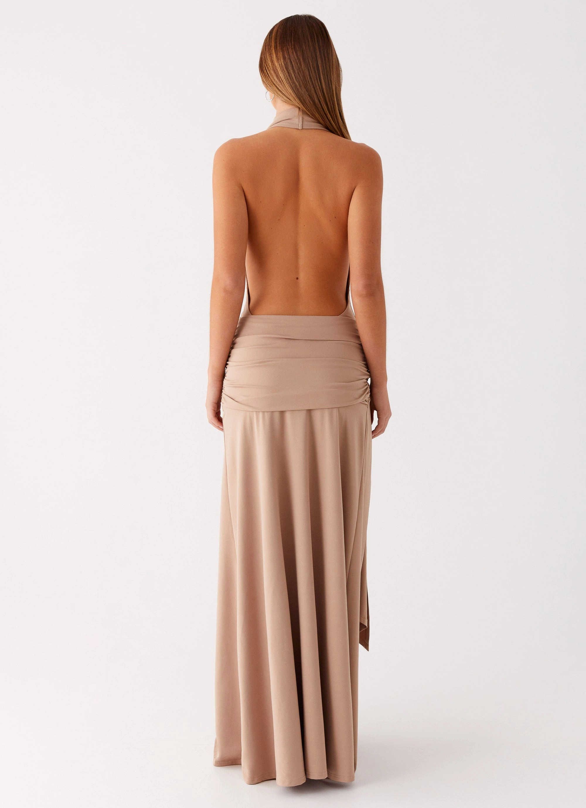 Beaded-Sleeve Rowan Ray Cowl Maxi Dress - Light Taupe