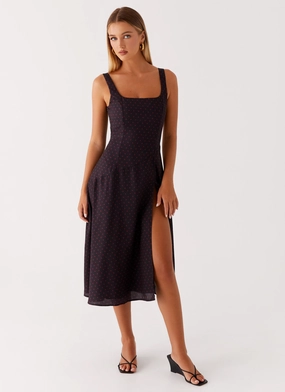 Rowyn Midi Dress - Black Polka Dot Clean Flow