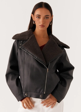 Inka PU Leather Shearling Jacket - Charcoal Green Material FlexibleCuffSystem