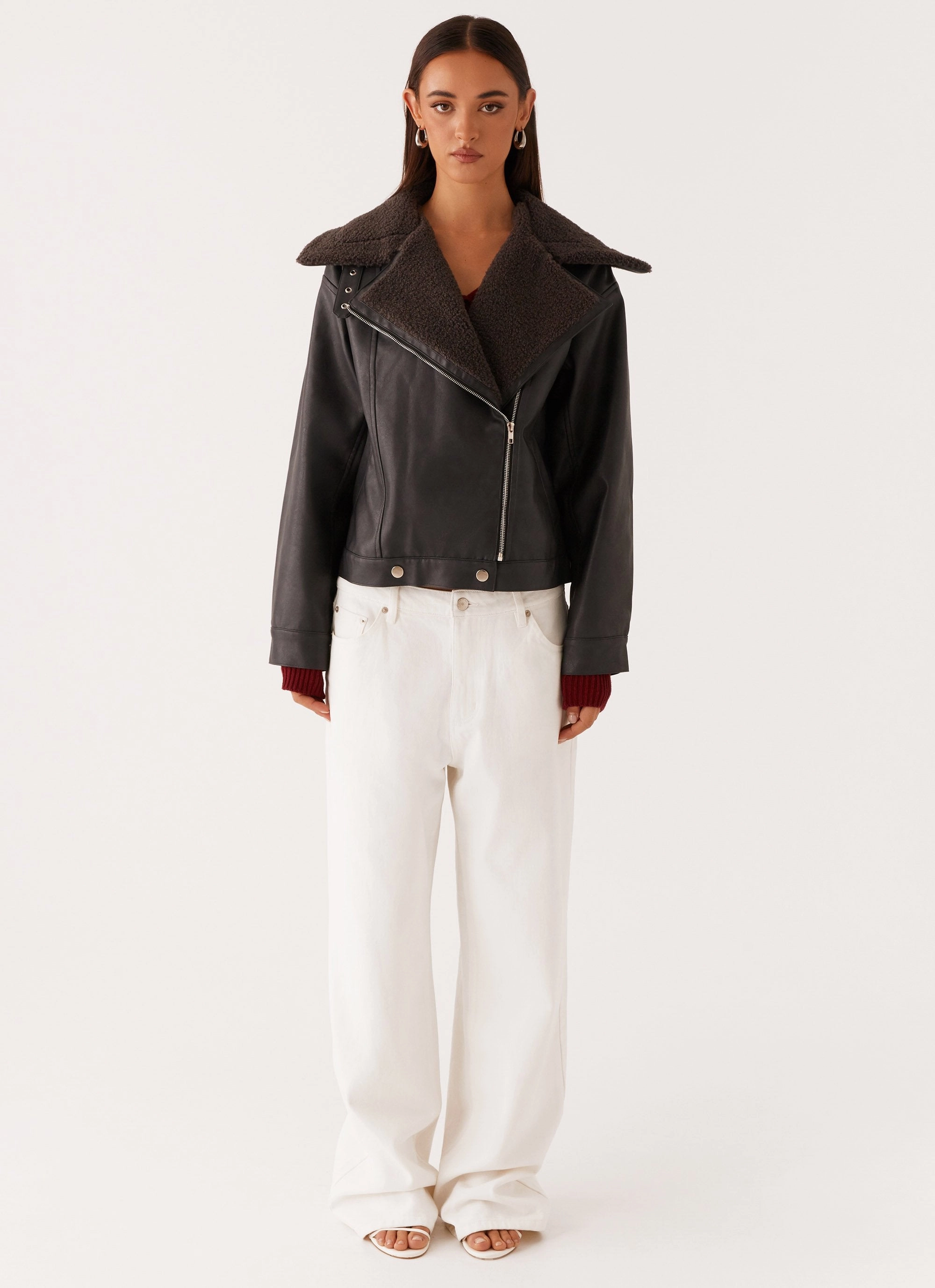 Inka PU Leather Shearling Jacket - Charcoal Wind Protection