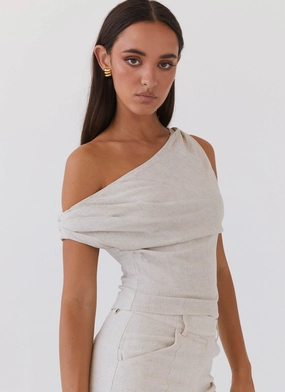 Two Tone Texture Effect Marissa Linen One Shoulder Top - Oatmeal
