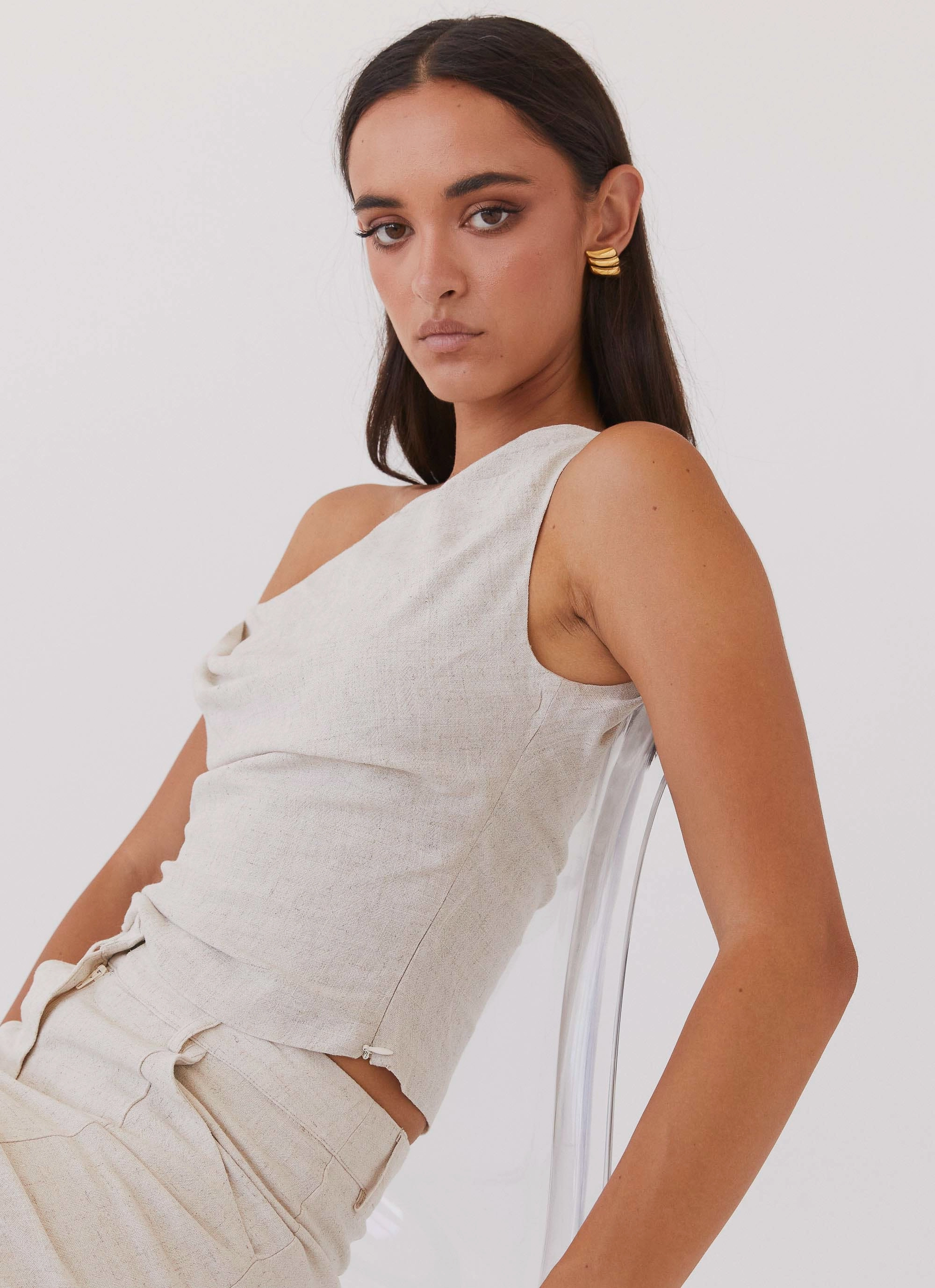 Marissa Linen One Shoulder Top - Oatmeal Garment Dyed Finish