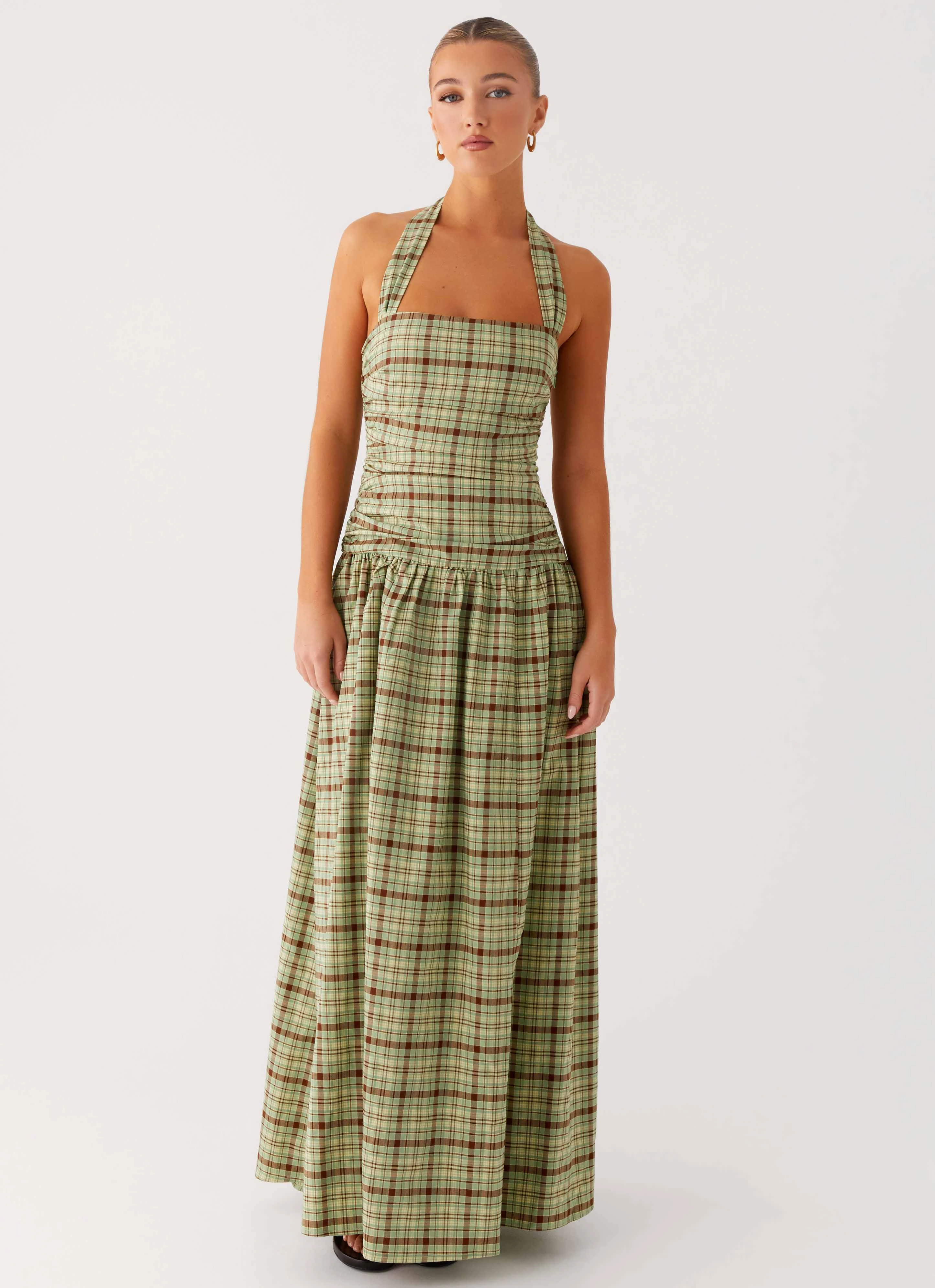 Metallic Finish Lilith Maxi Dress - Forest Plaid