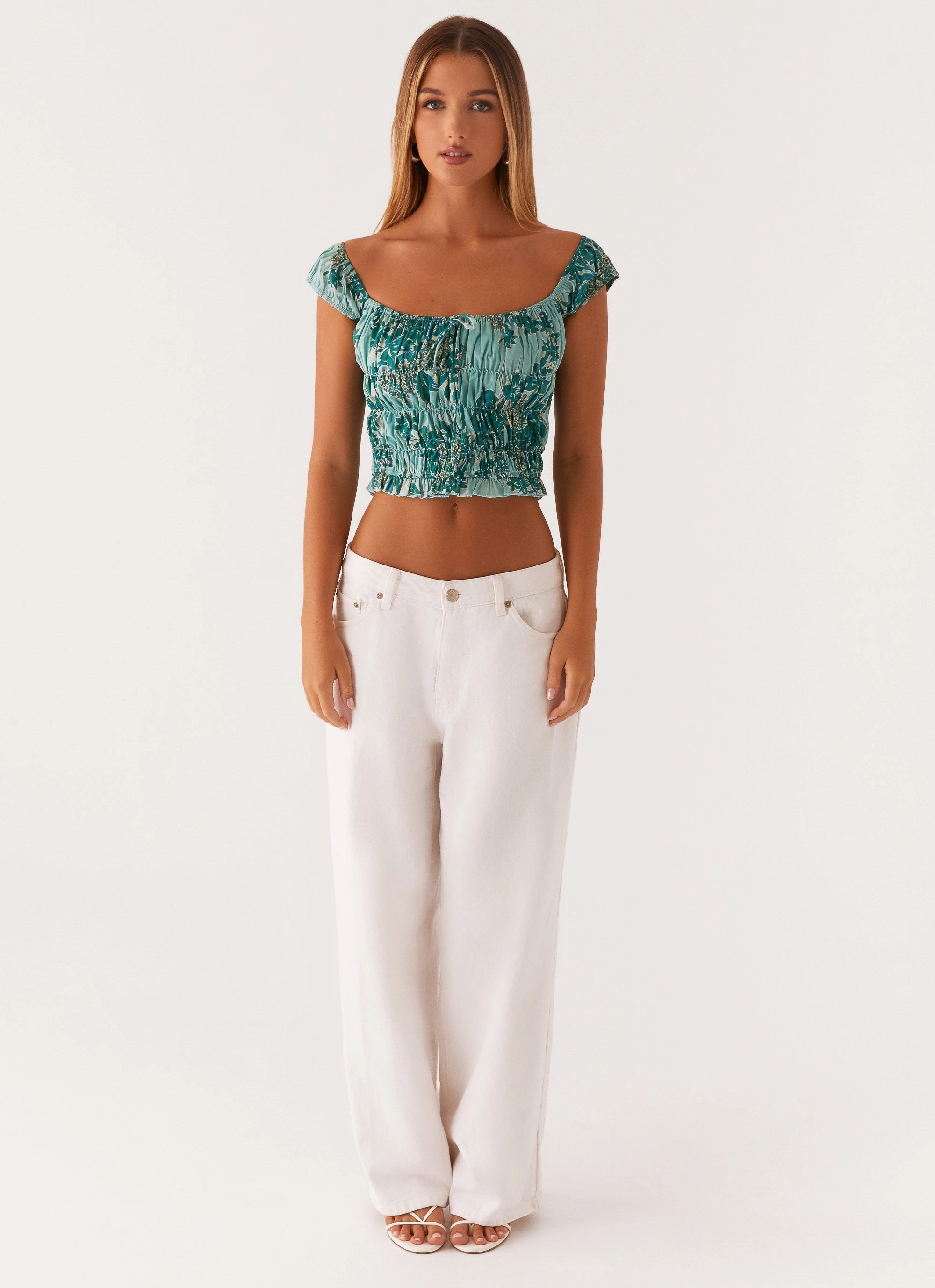 Airflow Mesh Panel Sustainable Material Blend Rumors Off Shoulder Top - Cloud Nine Floral