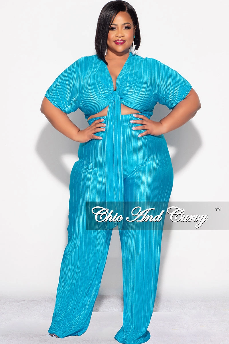 Final Sale Plus Size 2pc Pleated Top and Pants Set in Turquoise FlameRetardantTreatment High Mobility