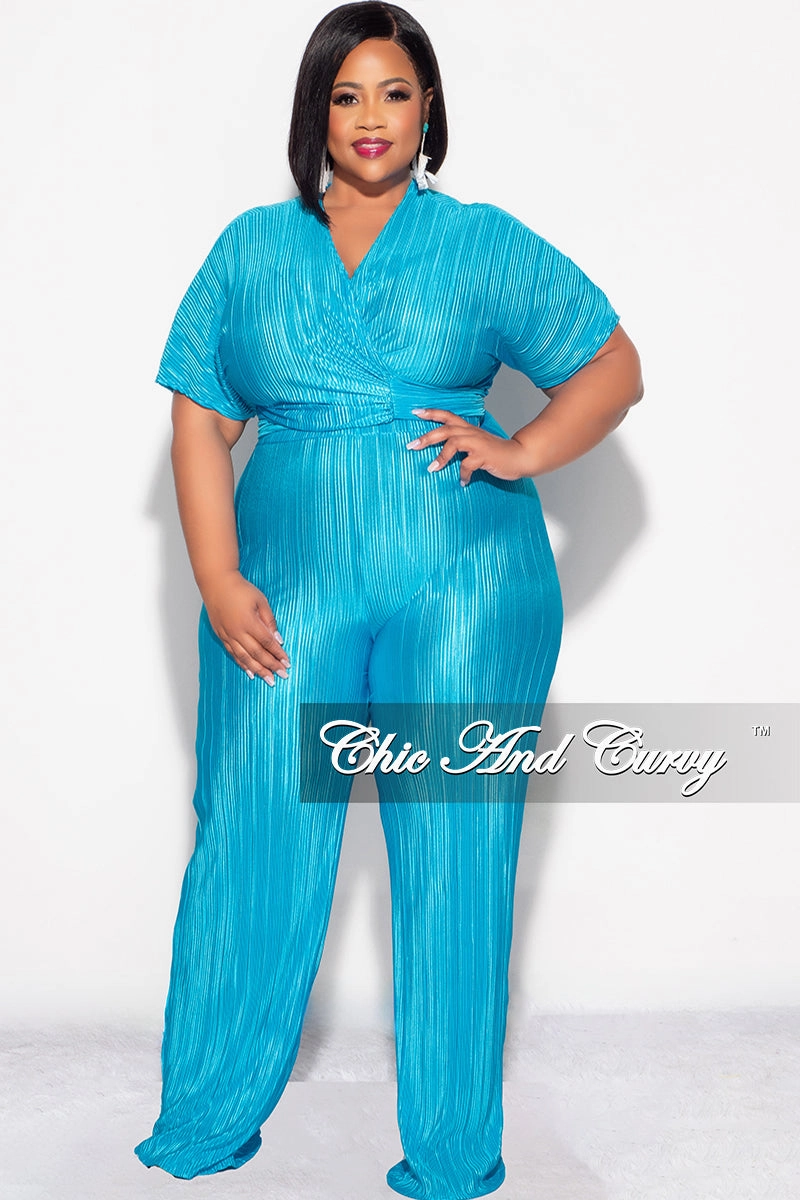 Final Sale Plus Size 2pc Pleated Top and Pants Set in Turquoise Blackout fabric