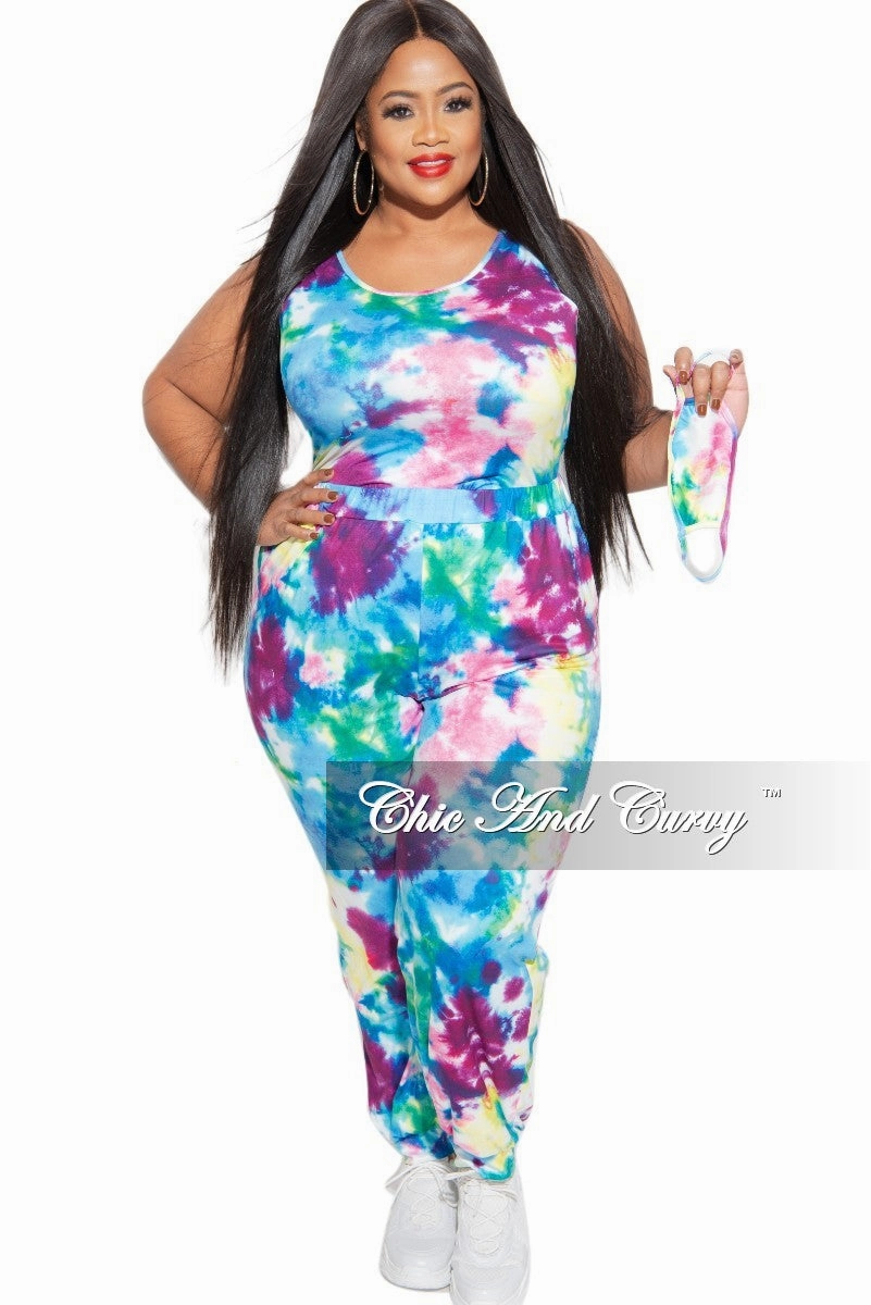 Final Sale Plus Size 2 pc Set Tank Bodysuit & Jogger Pants in Multi-Colors Relaxed Design
