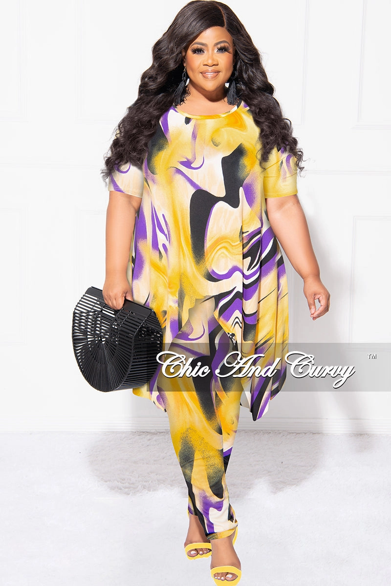 Final Sale Plus Size 2pc Short Sleeve High Low Top And Leggings Set In Yellow and Purple Street Comfort Sporty Design