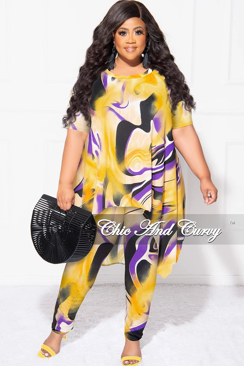 Final Sale Plus Size 2pc Short Sleeve High Low Top And Leggings Set In Yellow and Purple Breathable Waistband