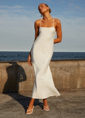 Runway Royalty Maxi Dress - White Cold-Shoulder Cozy Vibe