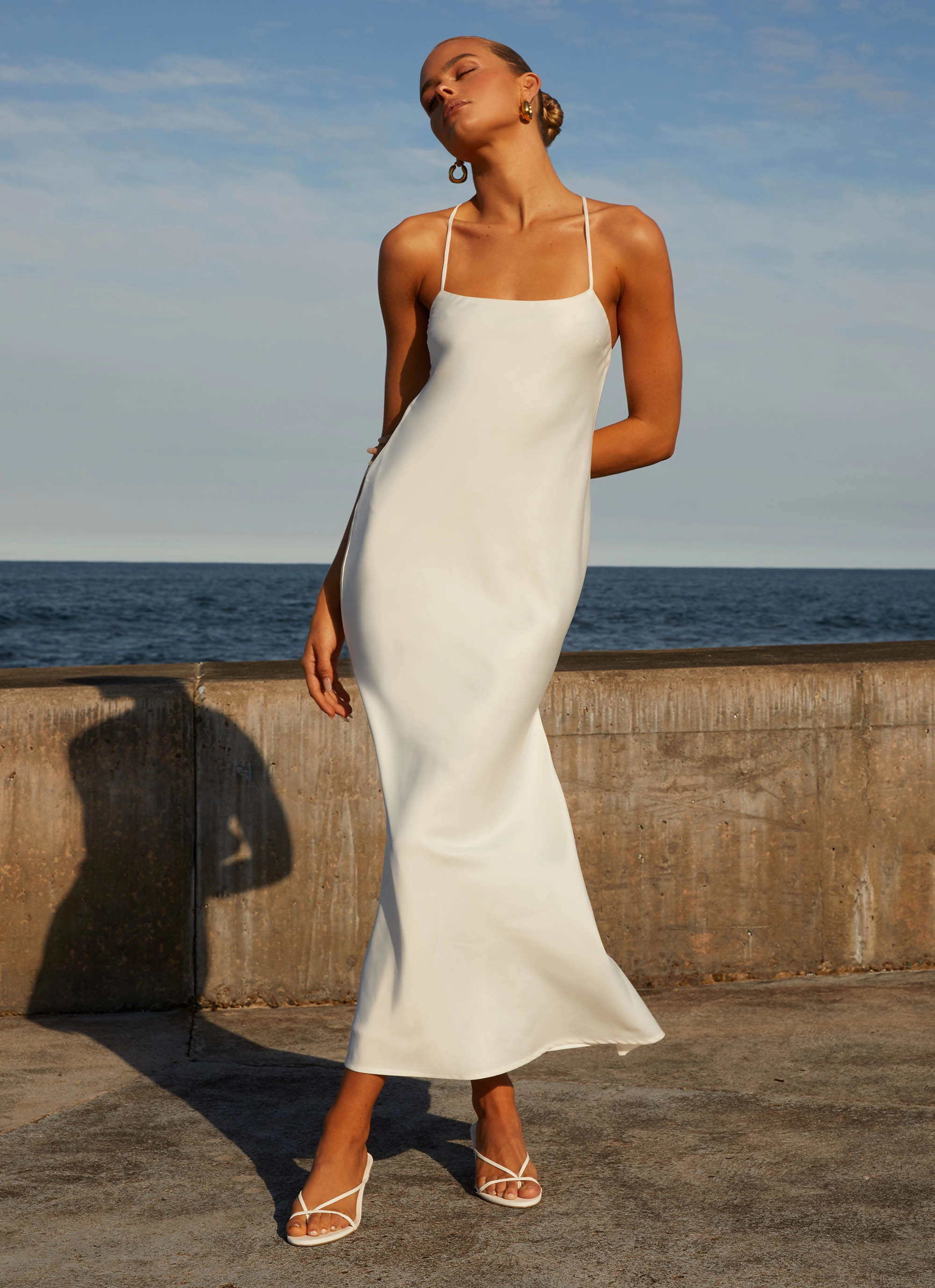 Runway Royalty Maxi Dress - White Cold-Shoulder Cozy Vibe