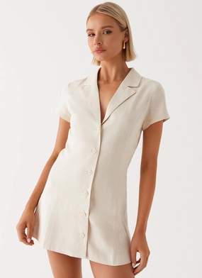 Winter Layering ContrastStitching Russo Linen Mini Dress - Oatmeal