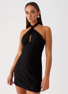 Sabine Linen Mini Dress - Black Elegant Style Side Pleats