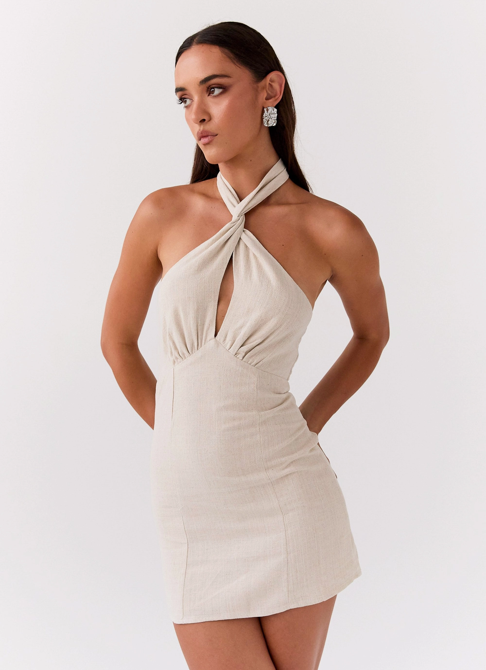 City Ready Tulle-Overlay Sabine Linen Mini Dress - Oatmeal