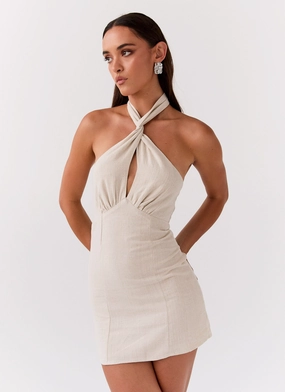 City Ready Tulle-Overlay Sabine Linen Mini Dress - Oatmeal