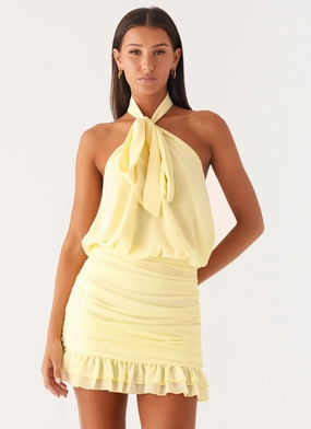 Saebi Tie Neck Mini Dress - Lemon Anytime Wear