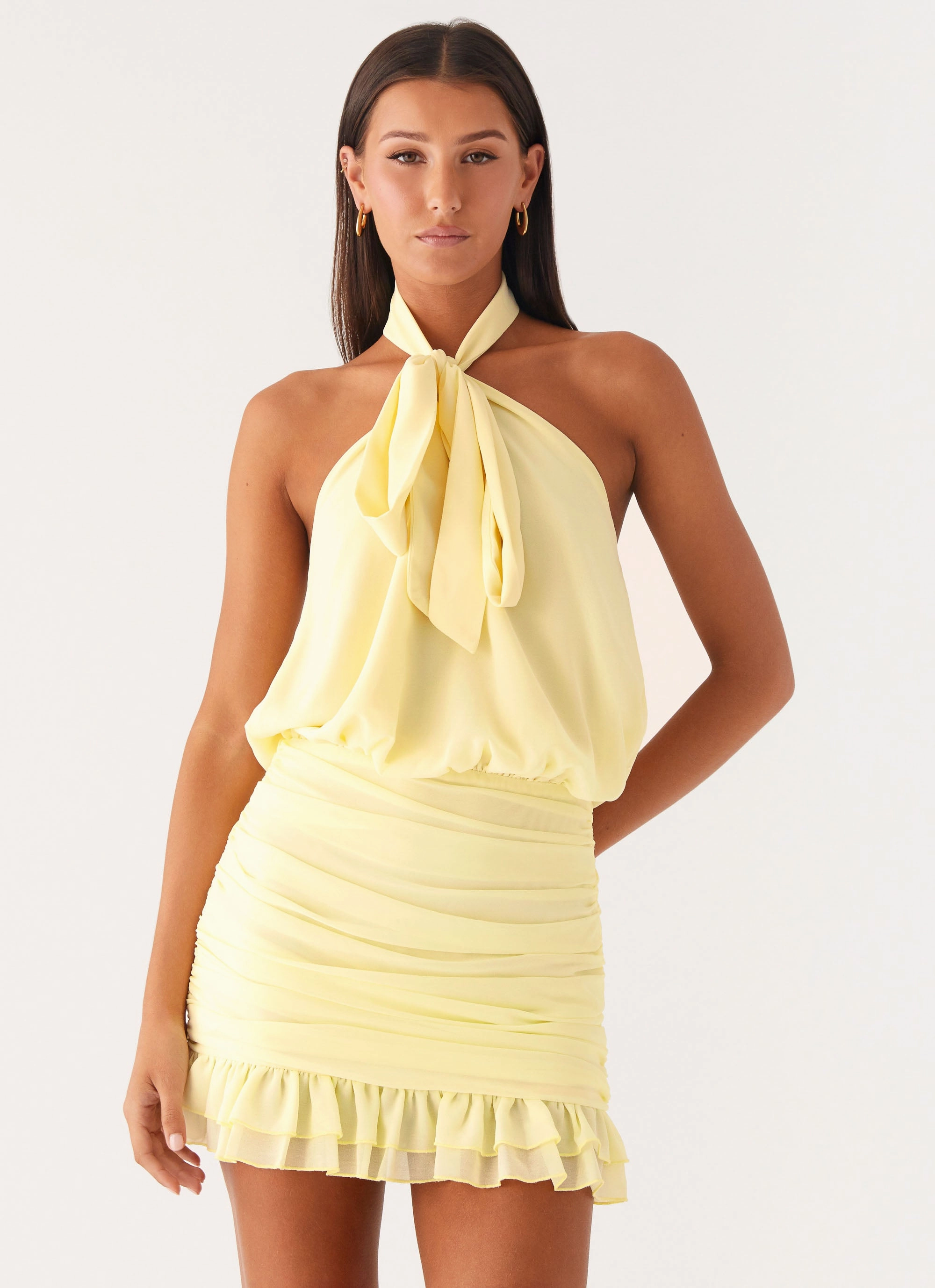 Saebi Tie Neck Mini Dress - Lemon Anytime Wear