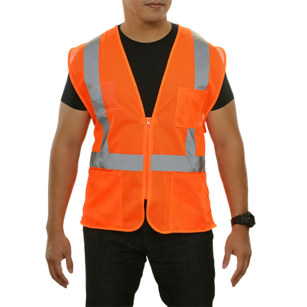 Safety Vest Hi Vis Vest Clear ID Pocket Orange Zip Mesh