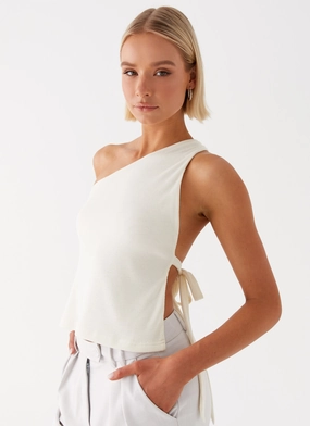 RecycledPolyesterBlend LowMaintenance Fabric Safiya One Shoulder Top - White