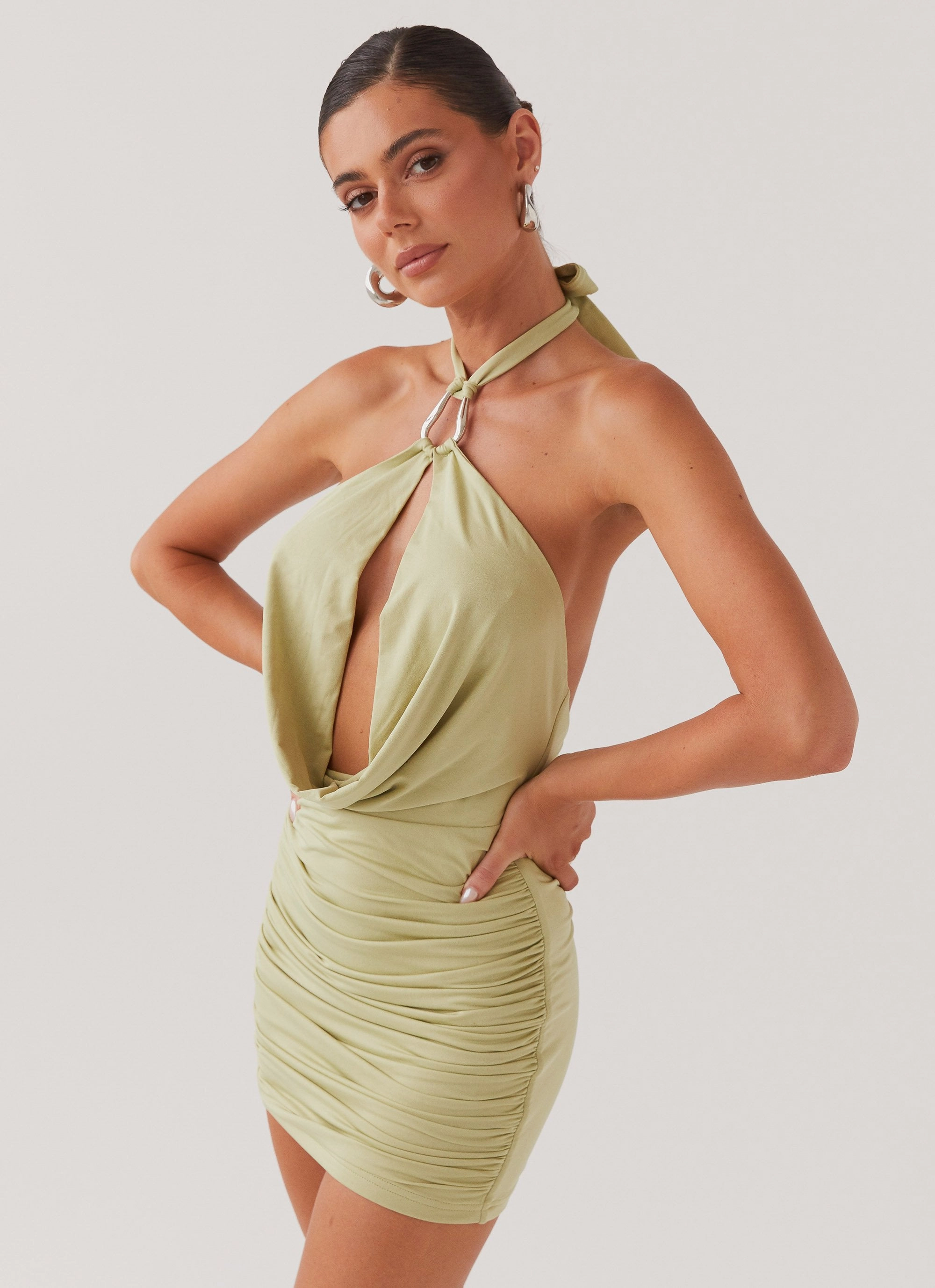 Chic and Flattering Slimming Shape Samara Halterneck Mini Dress - Sage