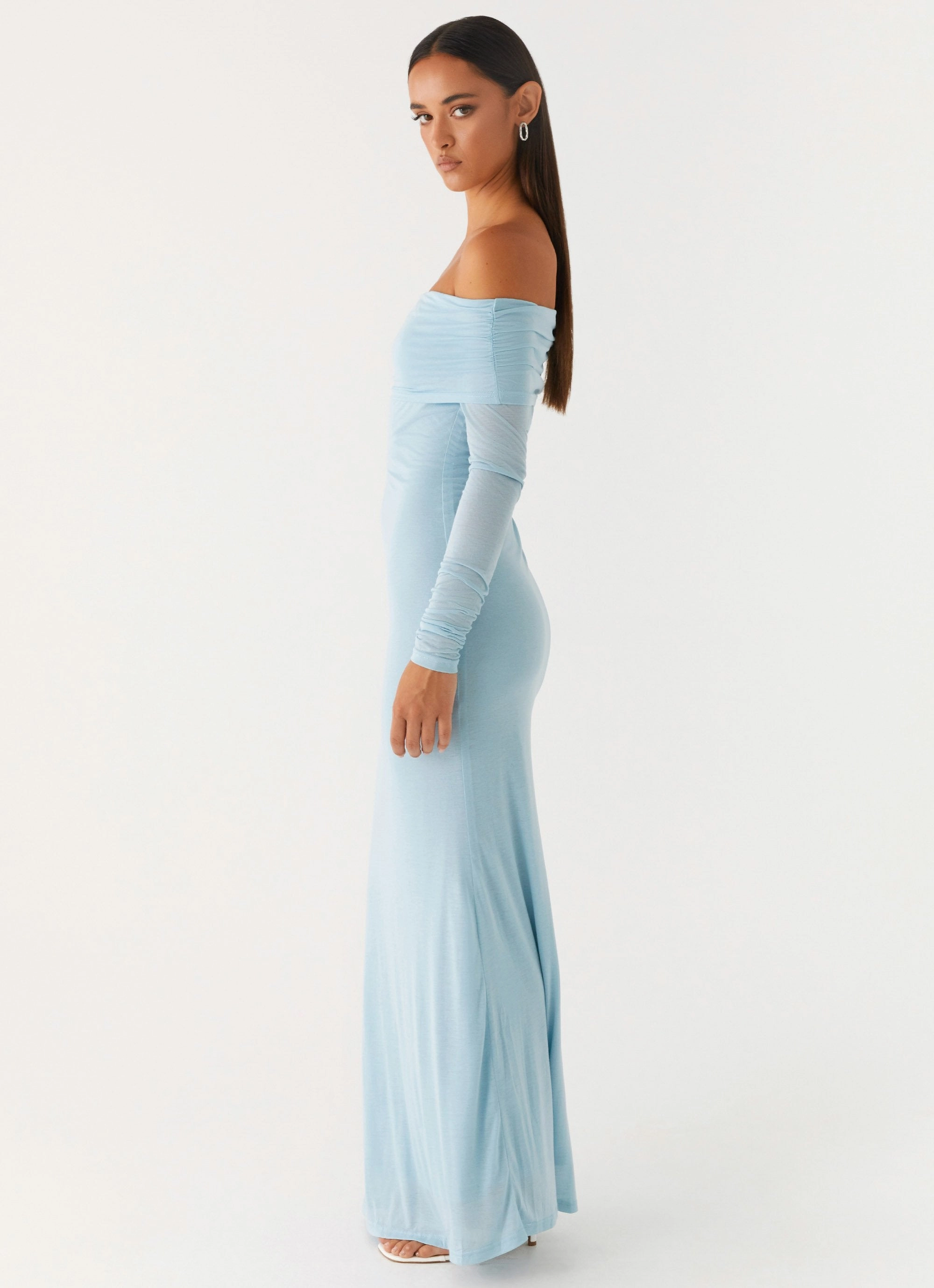 Zip Closure Flared shape Cocoa Long Sleeve Maxi Dress - Blue