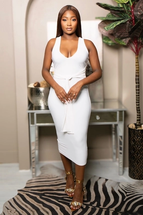 Sassy Slim Fitted Midi Dress-Ivory urban vibe