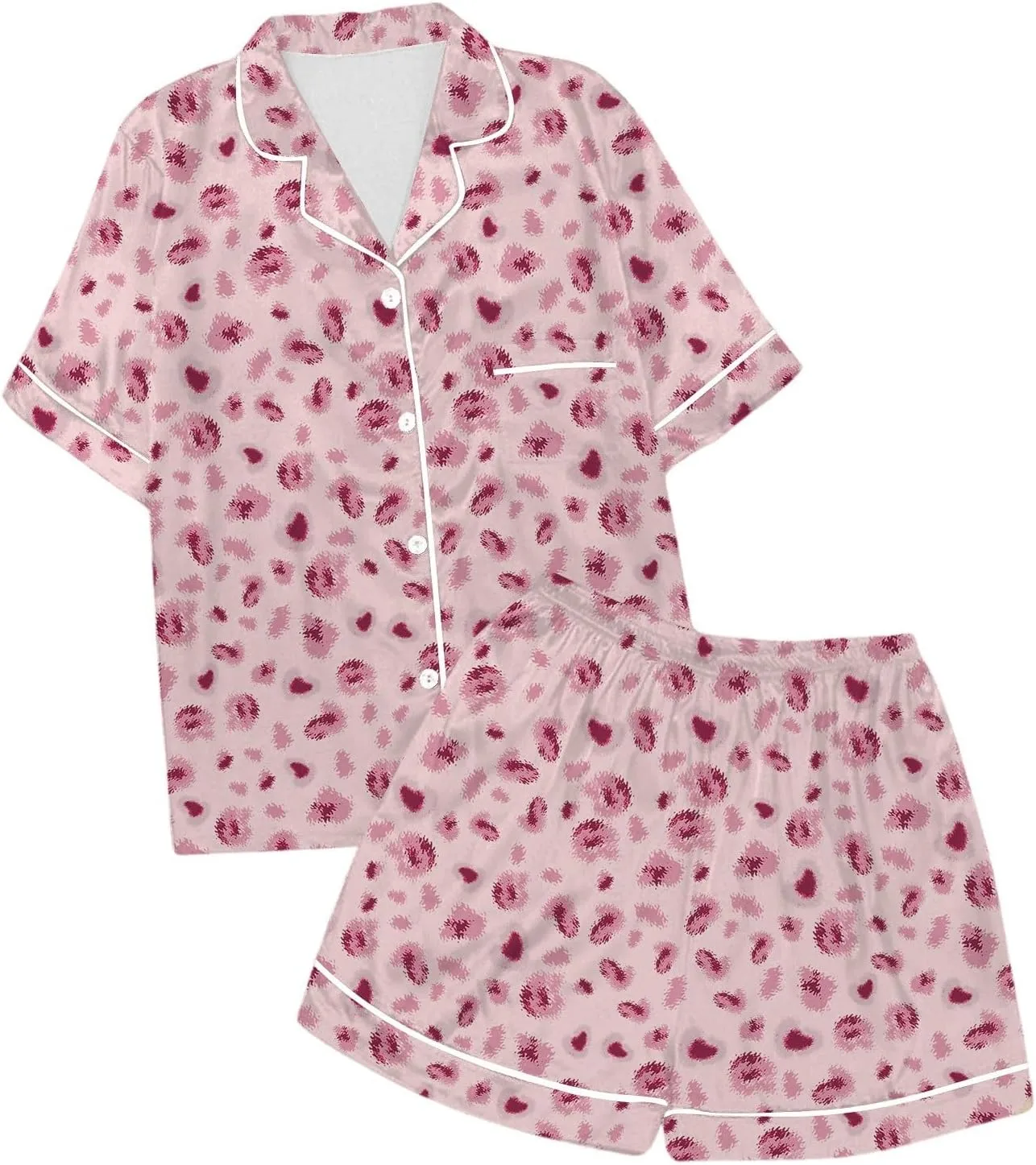 Satin Pajamas for Women Cheetah Print Button Down Sleepwear Soft Silk Loungewear Short Sleeve Top and Shorts Pjs Sets