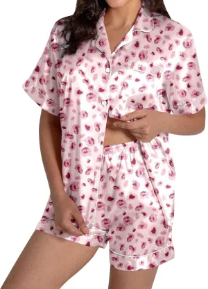 Satin Pajamas for Women Cheetah Print Button Down Sleepwear Soft Silk Loungewear Short Sleeve Top and Shorts Pjs Sets