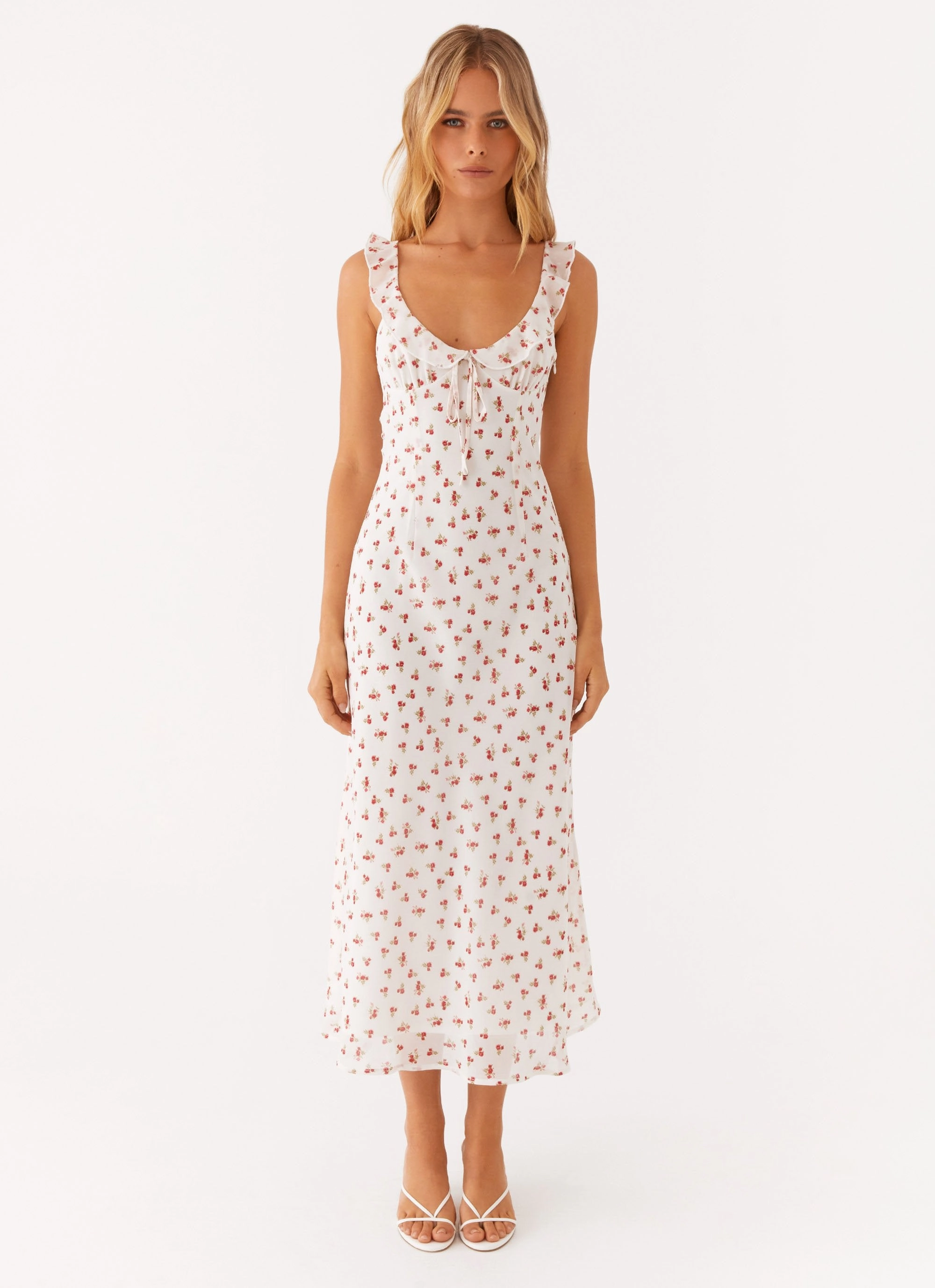 Light and Breezy Second Guessing Midi Dress - Red White Floral